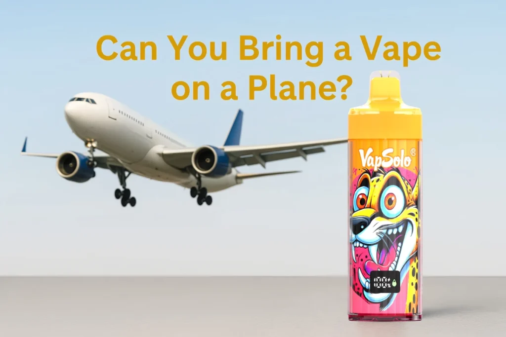 Får man ta med sig en vape på flyget? 2025 EU-policyguide med Vapsolos restips 1 Bild som visar en VapSolo vape-enhet med färgglad tecknad grafik tillsammans med ett flygplan under flygning, med texten "Kan du ta med en vape på ett flygplan?"
