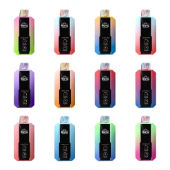 Conjunto de doze vaporizadores descartáveis Bang 25000 Double Mesh em gradientes de cores variadas, cada um com o logótipo Bang e o indicador de bobina de malha.