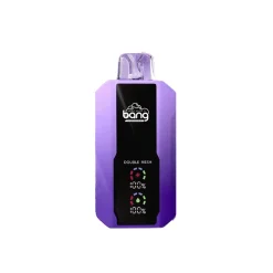 Bang 25000 Puffs Vape Wholesale 23 Urządzenie do wapowania Purple Bang 25000 z czarną etykietą z logo Bang, napisem Double Mesh i cyfrowym wyświetlaczem wskazującym poziom naładowania.