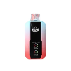 Dispositivo vape Bang 25000 Puffs com sabor a Melancia e tecnologia de malha dupla, com um design elegante em preto e vermelho e indicadores iluminados.