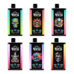 Sex Bang 30K Pro-vapes med livfulla dödskallar och färgglada mönster. Varje vape visar Bang-logotypen och digitala indikatorer för inställningar.