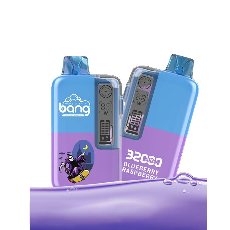 Bang 32000 boccate Vape all'ingrosso 12 Due dispositivi da svapo usa e getta Bang in una tonalità blu e viola con testo "32000 Puffs" e "Blueberry Raspberry", logo del marchio e personaggio dei cartoni animati.