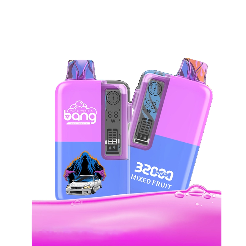 Bang 32000 boccate Vape all'ingrosso 10 Due vibranti vaporizzatori monouso Bang con sfumature viola e blu, caratterizzati dal logo "Vape with a Bang", dal testo "32000 Puffs Mixed Fruit", dalla grafica di una figura ammantata sopra un'auto e da un indicatore digitale.