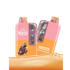 Bang 32000 soffi di vapore all'ingrosso 21 Due vaporizzatori monouso Bang al gusto di pesca e mango, con grafica e testo vivaci,
