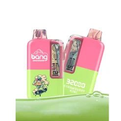 Bang 32000 soffi di vapore all'ingrosso 19 Vape usa e getta Bang al gusto di Kiwi e fragola con una capacità di 32000 puff, con un vivace design rosa-verde e il logo del marchio visibile.