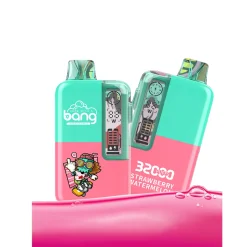Bang 32000 boccate Vape all'ingrosso 18 Vape monouso Vibrant Bang 32000 al gusto di anguria e fragola con grafica colorata e marchio visibile.