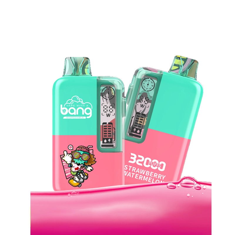 Bang 32000 boccate Vape all'ingrosso 5 Vape monouso Vibrant Bang 32000 al gusto di anguria e fragola con grafica colorata e marchio visibile.
