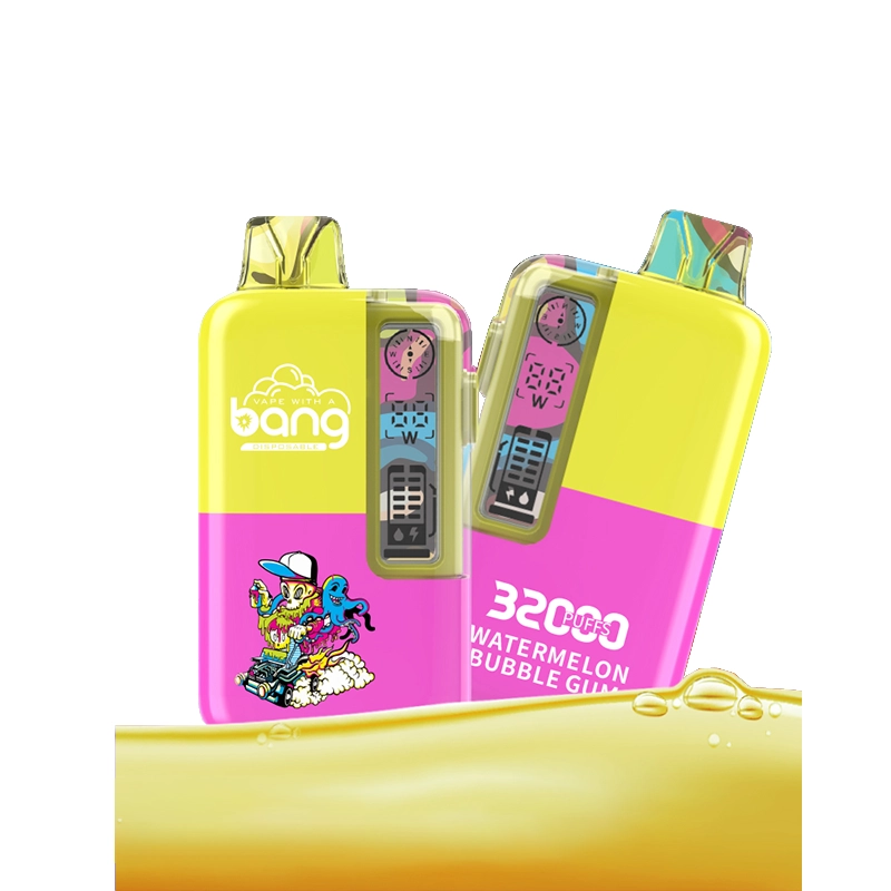 Bang 32000 boccate Vape all'ingrosso 4 Vape Bang giallo e rosa brillante con logo "Vape With A Bang" e testo "32000 Puffs Watermelon Bubblegum", ornato da una vivace grafica cartoon.