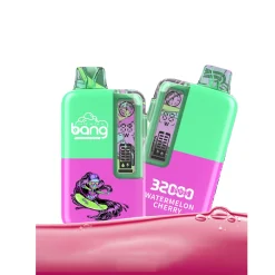 Bang 32000 boccate Vape all'ingrosso 16 Dispositivi di svapo Bang 32000 Watermelon Cherry dai colori vivaci che mostrano la confezione, il logo del marchio e il testo 32000 puff.