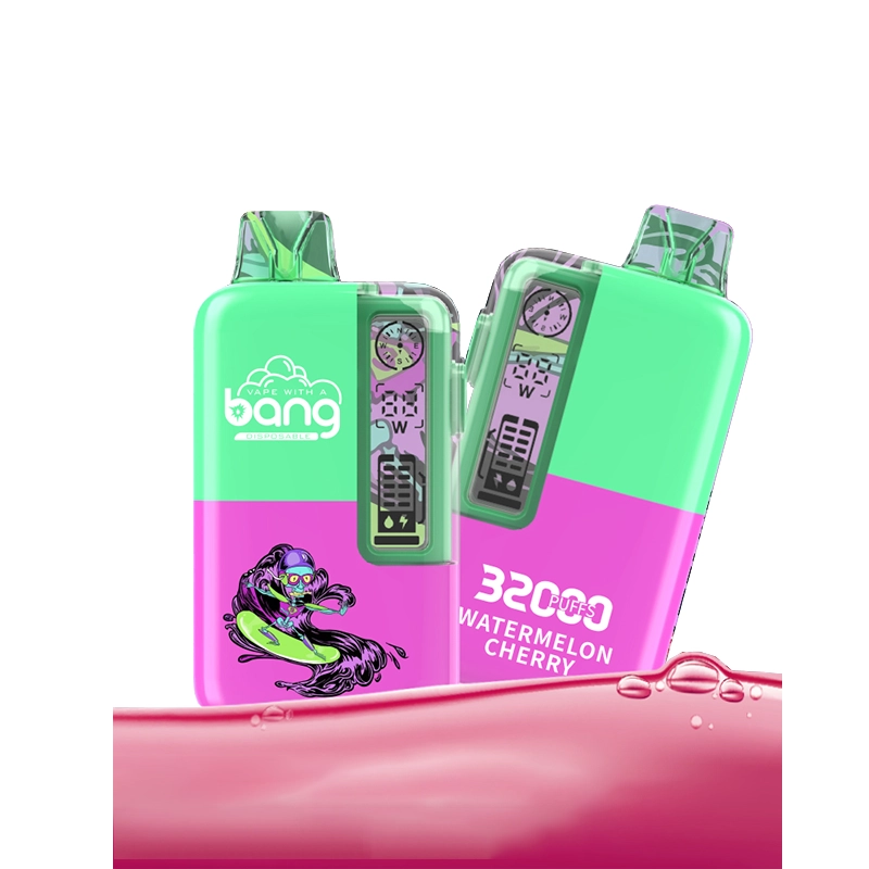 Bang 32000 boccate Vape all'ingrosso 3 Dispositivi di svapo Bang 32000 Watermelon Cherry dai colori vivaci che mostrano la confezione, il logo del marchio e il testo 32000 puff.