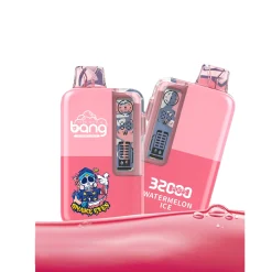 Bang 32000 boccate Vape all'ingrosso 15 Bang 32000 Puffs usa e getta al gusto Watermelon Ice, con un design rosa con un teschio etichettato.