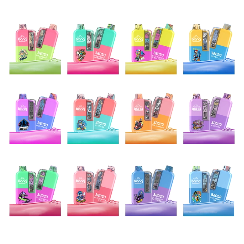 Bang 32000 boccate Vape Wholesale 1 Una vivace gamma di vapori a marchio Bang, ciascuno con "3200 puff" e grafica a tema; comprende profili di gusto classici e tropicali.