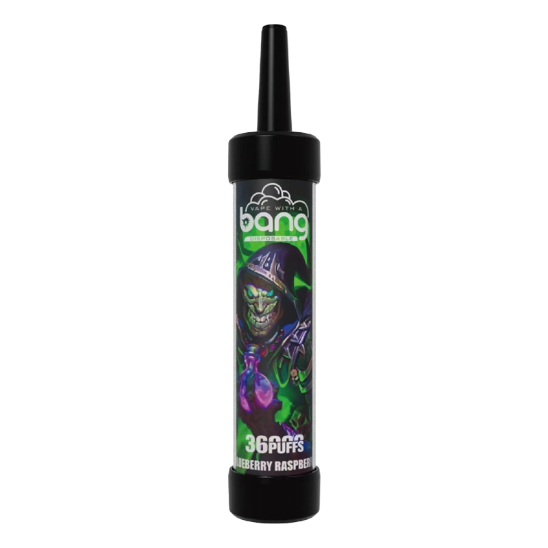 Bang 36000 Puffs Deep Lung Vape Großhandel 3 Nahaufnahme eines Bang 36000 Blueberry Raspberry Einwegdampfers mit einem eleganten, farbenfrohen Design, mit lebendigen Grafiken und dem Text "Vape with a Bang" an prominenter Stelle.