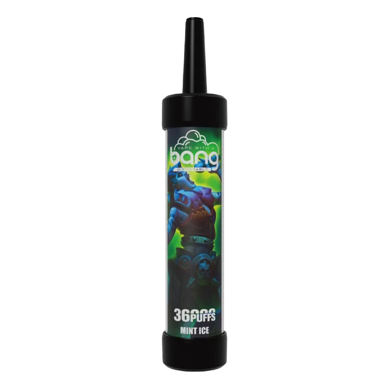 Bang 36000 Puffs Deep Lung Vape Großhandel 7 Bang 36000 Disposable Vape in der Geschmacksrichtung Mint Ice mit leuchtend grüner und blauer Grafik, auf der "36 PUFFS" zu lesen ist."