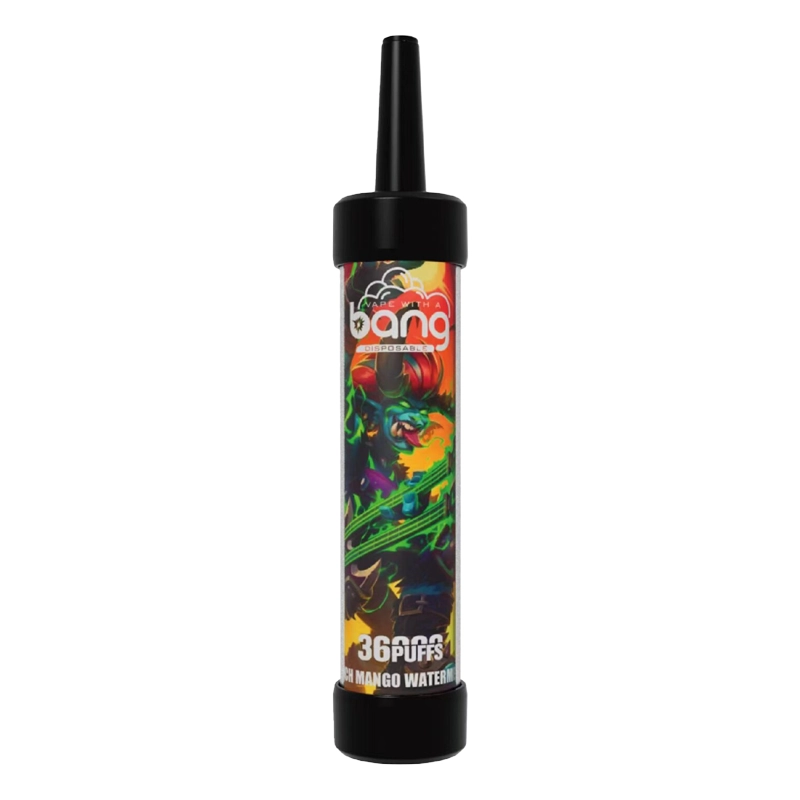 Bang 36000 Puffs Deep Lung Vape Großhandel 9 Bang Einwegdampfer mit einem künstlerischen Design mit lebhaften Farben von Drachenbildern mit der Aufschrift "36 Puffs" und "Peach Mango Watermelon"."