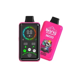 Bang 36000 Power Puffs Vape Großhandel 24 Pink Bang 36000 Vape-Gerät mit digitaler Anzeige und Heidelbeer-Himbeer-Geschmack Branding.
