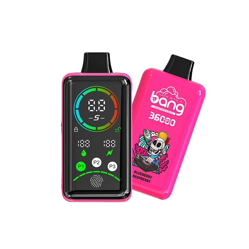 Bang 36000 Power Puffs Vape Großhandel 11 Pink Bang 36000 Vape-Gerät mit digitaler Anzeige und Heidelbeer-Himbeer-Geschmack Branding.