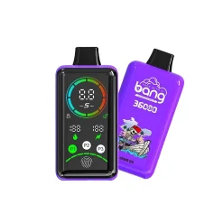 Bang 36000 Power Puffs Vape Großhandel 23 Purple Bang 36000 Verdampfer mit digitaler Anzeige, farbigem Messgerät und Grape-Ice-Branding mit Piratendesign.