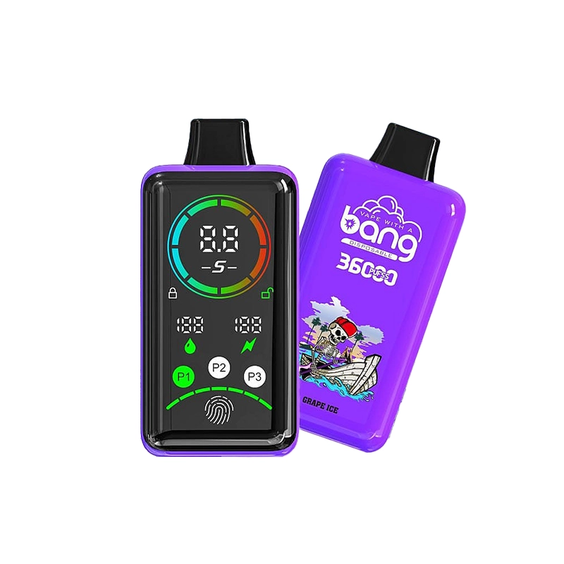 Bang 36000 Power Puffs Vape Großhandel 10 Purple Bang 36000 Verdampfer mit digitaler Anzeige, farbigem Messgerät und Grape-Ice-Branding mit Piratendesign.