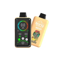 Bang 36000 Power Puffs Vape Großhandel 21 Vorder- und Rückansicht eines Bang 36000 Power Vape-Gerätes mit digitalem Kontrolldisplay und Pfirsich-Mango-Wassermelonen-Aroma-Branding mit Skelett- und Gummienten-Grafik.