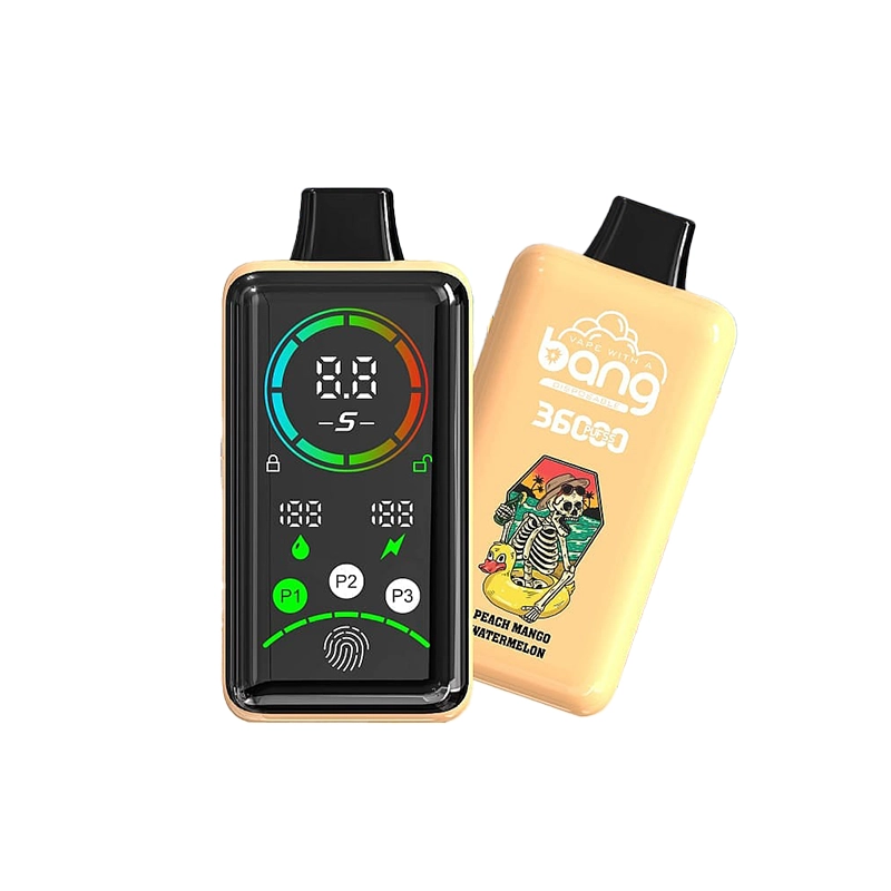 Bang 36000 Power Puffs Vape Großhandel 8 Vorder- und Rückansicht eines Bang 36000 Power Vape-Gerätes mit digitalem Kontrolldisplay und Pfirsich-Mango-Wassermelonen-Aroma-Branding mit Skelett- und Gummienten-Grafik.