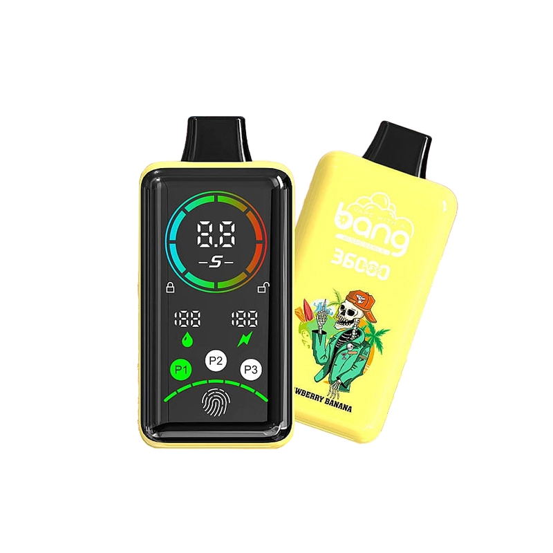 Bang 36000 Power Puffs Vape Großhandel 7 Bang 36000 Power Vape Device in Gelb mit Digitalanzeige und Strawberry Banana Flavour Branding, mit bunten Grafiken und einem Cartoon-Skelett in einem tropischen Outfit.