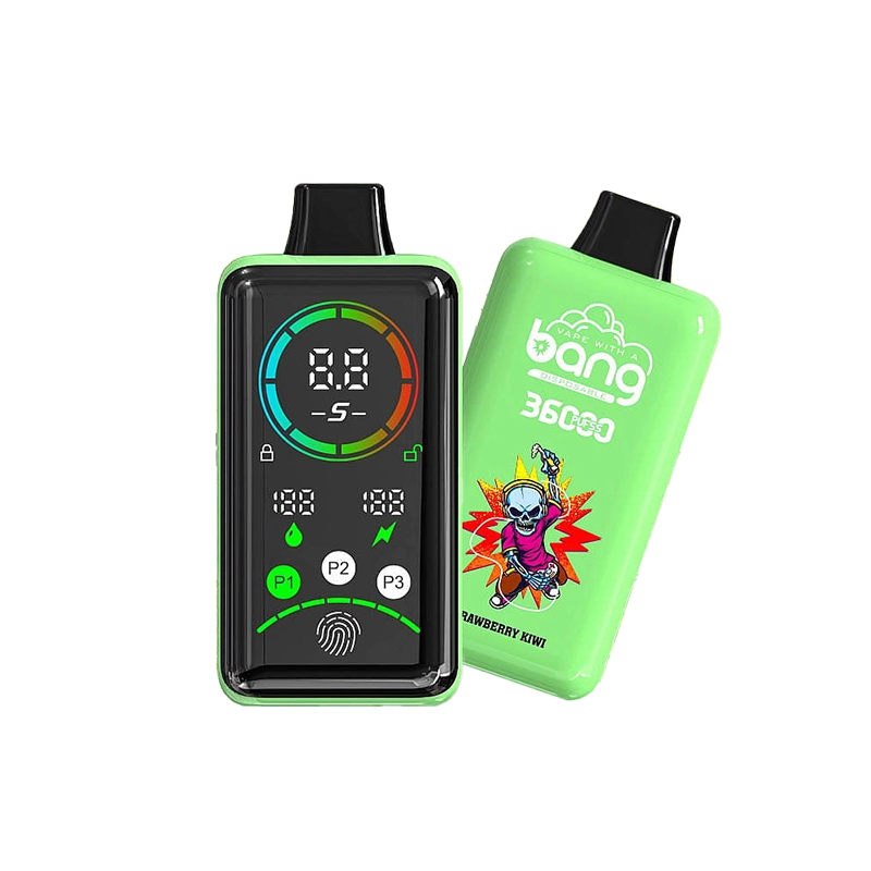 Bang 36000 Power Puffs Vape Großhandel 6 Green Bang 36000 Power Vape-Gerät mit digitaler Anzeige und Strawberry Kiwi Geschmack Branding, mit einem bunten Skelett Grafik.