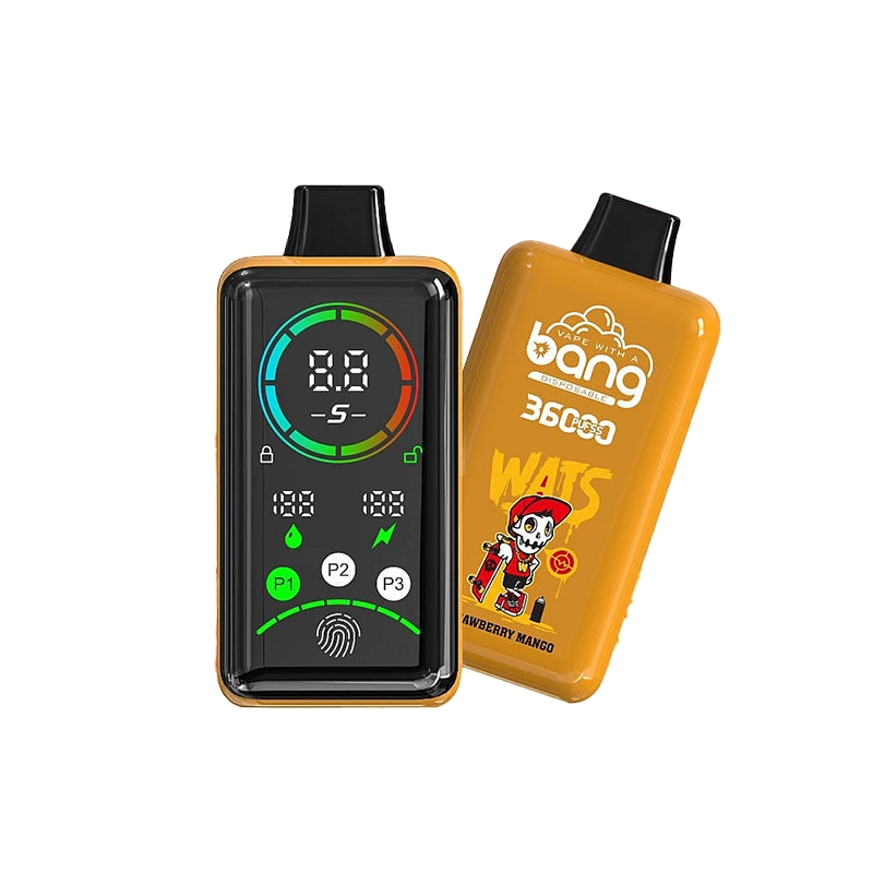 Bang 36000 Power Puffs Vape Großhandel 5 Ein lebhaftes Bang 36000 Vape-Gerät mit Erdbeer-Mango-Geschmack, mit einem digitalen Display und einer verspielten Totenkopf-Grafik auf orangem Hintergrund.