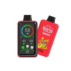 Bang 36000 Power Puffs Vape Großhandel 17 Bang 36000 Power Einweg-Dampfgerät mit digitaler Schnittstelle und rotem Gehäuse mit Erdbeer-Wassermelonen-Branding.