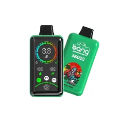 Bang 36000 Power Puffs Vape Großhandel 16 Bang 36000 Power Vape-Gerät mit dem Triple Berry Design, mit lebendigen Kunstwerk zeigt eine Skelett-Figur in bunten Gewändern und eingebetteten Bedienfeld mit digitaler Anzeige.