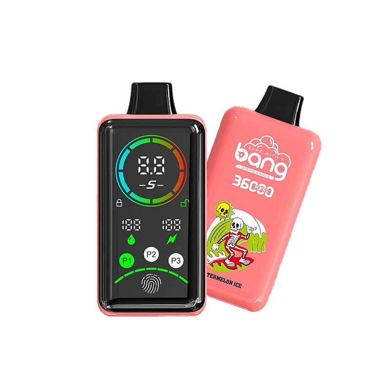 Bang 36000 Power Puffs Vape Großhandel 2 Bang 36000 Power Vape-Geräte mit digitaler Anzeige und lebendiger Verpackung mit Watermelon Ice-Geschmacksangabe.