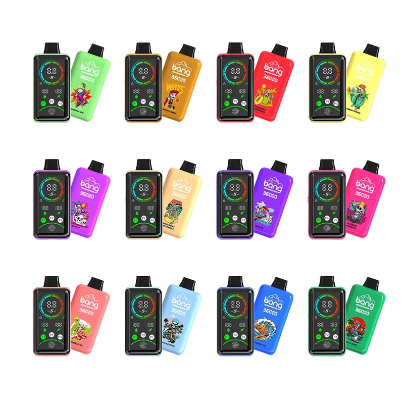 Bang 36000 Power Puffs Vape Großhandel 1 Eine Kollektion von lebendigen Bang 36000 Einweg-Vapes in verschiedenen Farben und Designs, die ein auffälliges Branding und Logos aufweisen.