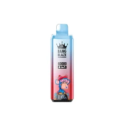 Bang Blaze 60K soffi usa e getta Vape Wholesale 19 Penna Bang Blaze 60000 monouso con 4 opzioni di aroma in 1, illustrata con una scimmia coronata su uno sfondo blu e rosso sfumato.