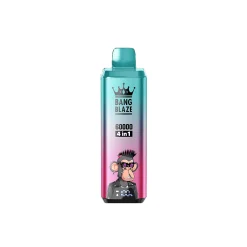 Bang Blaze 60K boccate di vapore monouso all'ingrosso 17 Bang Blaze 60000 4-in-1 usa e getta con design sfumato verde acqua e rosa con il personaggio di una scimmia dei cartoni animati, offre i gusti: Mango alla fragola, Bubble Gum all'anguria, Mojito rosso, Amore 66.