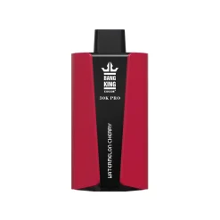 Urządzenie vape Bang King 30K Pro o smaku arbuzowo-wiśniowym charakteryzuje się eleganckim czarno-czerwonym designem z widocznym logo marki i tekstem smaku.