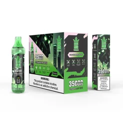 Bang King 35000 Puffs Strawberry Kiwi confezione da vape, con etichette di prodotto e di avvertimento ben visibili; design verde e nero con display per e-liquid, tecnologia mesh coil e flusso d'aria regolabile.
