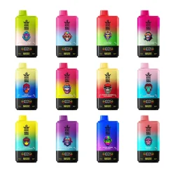 Kolekcja dwunastu żywych jednorazowych urządzeń vape od Bang King, z których każdy ma unikalny owocowy smak, taki jak Kiwi Berry Ice, Strawberry Banana, Blueberry Ice i inne, z kolorową grafiką małpy na opakowaniu.