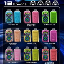 Obraz przedstawiający kolekcję vape Bang King Constellation 36000 z 12 smakami: Blue Razz Ice, Strawberry Watermelon, Watermelon Ice, Strawberry Banana, Tropical Fruit, Triple Berry Ice, Juicy Peach Ice, Strawberry Kiwi, Peach Mango Watermelon.