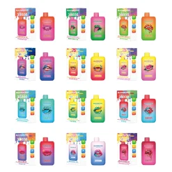 Ett färgglatt sortiment av Bang King Switch Duo 35000 engångsvape med flera livliga smaker som Triple Berry Kiwi, Watermelon Ice och Peach Berry, som alla visas i sina förpackningar med slående läppgrafik.