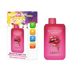 Bang King Switch Duo 35000 Puffs 2-i-1 Vape Engros 21 Bang King Switch Duo vape-emballage og -enhed i levende pink med smagsvarianterne Black Dragon Ice og Strawberry Kiwi med 35000 pust.