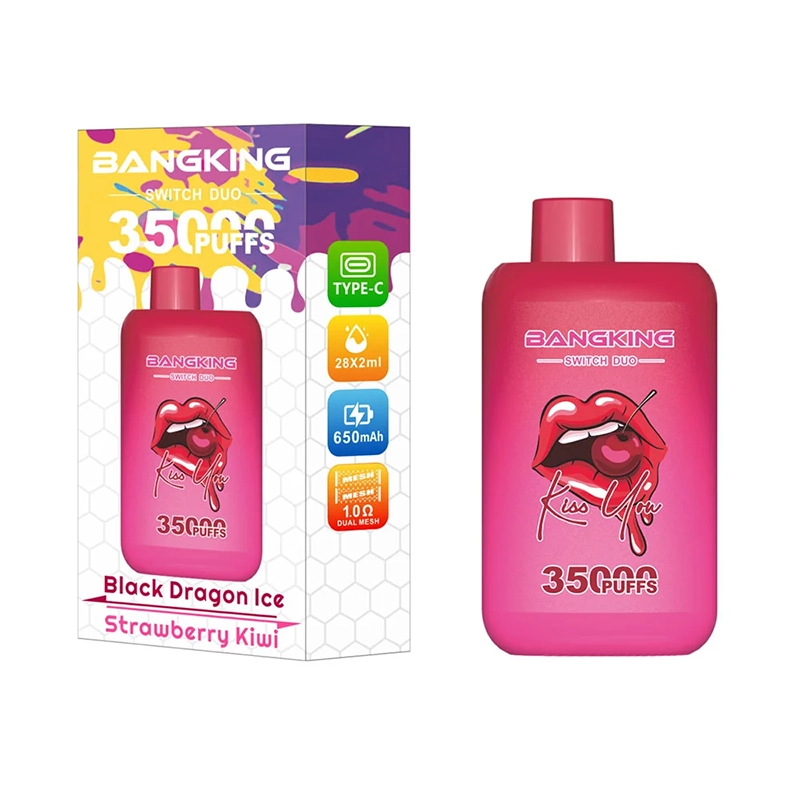 Bang King Switch Duo 35000 Puffs 2-i-1 Vape Engros 8 Bang King Switch Duo vape-emballage og -enhed i levende pink med smagsvarianterne Black Dragon Ice og Strawberry Kiwi med 35000 pust.