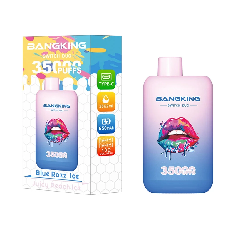 Bang King Switch Duo 35000 Puffs 2-i-1 Vape Engros 7 Bang King Switch Duo vape-enhed med smagsvarianter: Blue Razz Ice og Juicy Peach Ice med farverig indpakning. Indeholder specifikationer som 35000 pust, 28x2ml, 650mAh batteri, Type-C opladning og 1,0Ω mesh coil.