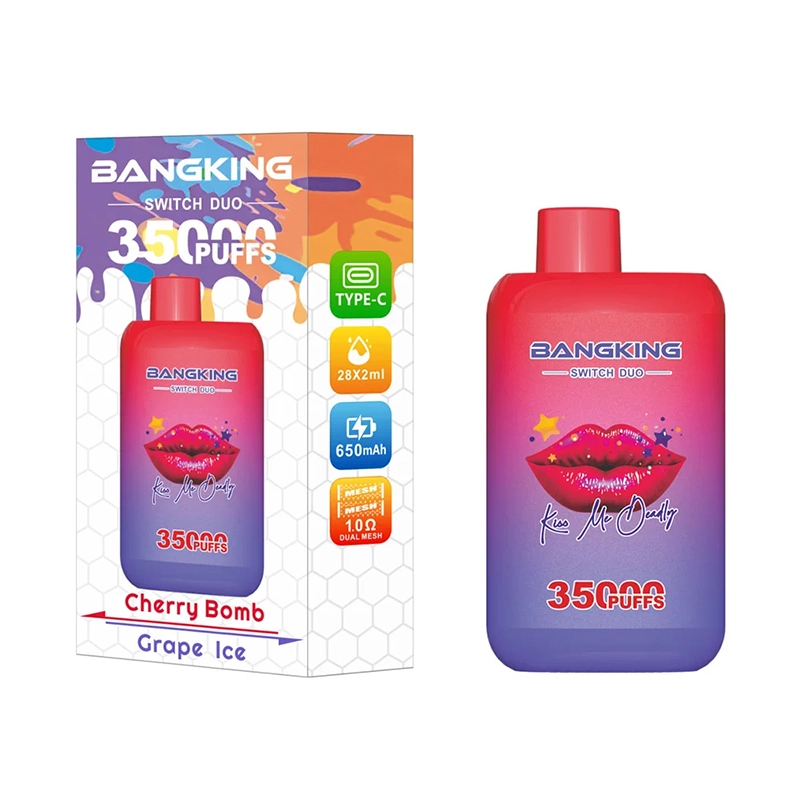 Bang King Switch Duo 35000 Puffs 2-i-1 Vape Engros 6 BangKing Switch Duo vape-enhed med Cherry Bomb- og Grape Ice-smag med 35000 pust, vist med emballage; højdepunkter inkluderer 28X2ml kapacitet og 650mAh batteri.