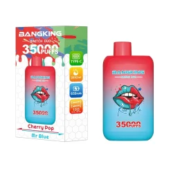 Bang King Switch Duo 35000 Puffs 2-i-1 Vape Engros 18 BangKing Switch Duo 35000 Cherry Pop Mr Blue vape-emballage med et dristigt læbedesign med