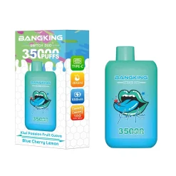 Bang King Switch Duo 35000 Puffs 2-i-1 Vape Engros 17 Bang King Switch Duo vape-produktemballage med 35000 pust med dristigt farverigt design, der viser smagsmuligheder: Kiwi Passion Fruit Guava og Blue Cherry Lemon.