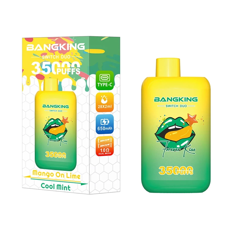 Bang King Switch Duo 35000 Puffs 2-i-1 Vape Engros 3 Knaldgul Bang King Switch Duo vape med smagen "Mango On Lime Cool Mint" og en kapacitet på 35.000 pust, med grafik af læber og mango, placeret ved siden af den farverige emballage, der fremhæver Type-C-opladning og 650 mAh strøm.
