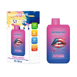 Bang King Switch Duo 35000 Puffs 2-i-1 Vape Engros 24 Levende Bang King Switch Duo vape-flaske og -æske med Pink Lemon- og Mr Blue-smag med fed 35000 Puffs-bogstaver.