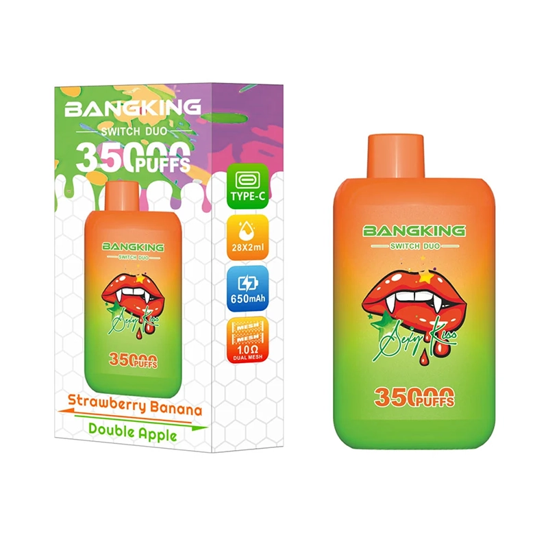 Bang King Switch Duo 35000 Puffs 2-i-1 Vape Engros 9 Bang King Switch Duo vape med 35000 pust med smag af Strawberry Banana og Double Apple, elegant orange og grøn enhed sammen med en farverig indpakning.