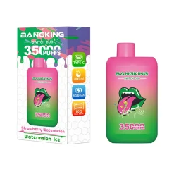 Bang King Switch Duo 35000 Puffs vape visar upp en livlig design med smakerna Strawberry Watermelon och Watermelon Ice. Paketet belyser viktiga funktioner inklusive 28x2ml, Type-C och 650mAh batteri.