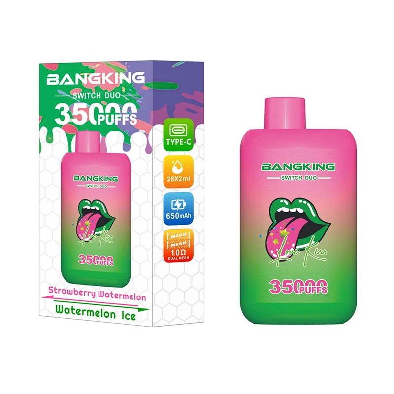 Bang King Switch Duo 35000 Puffs 2-i-1 Vape Engros 2 Bang King Switch Duo 35000 Puffs vape viser et levende design med smagsvarianterne Strawberry Watermelon og Watermelon Ice. Pakken fremhæver nøglefunktioner, herunder 28x2 ml, Type-C og 650 mAh batteri.